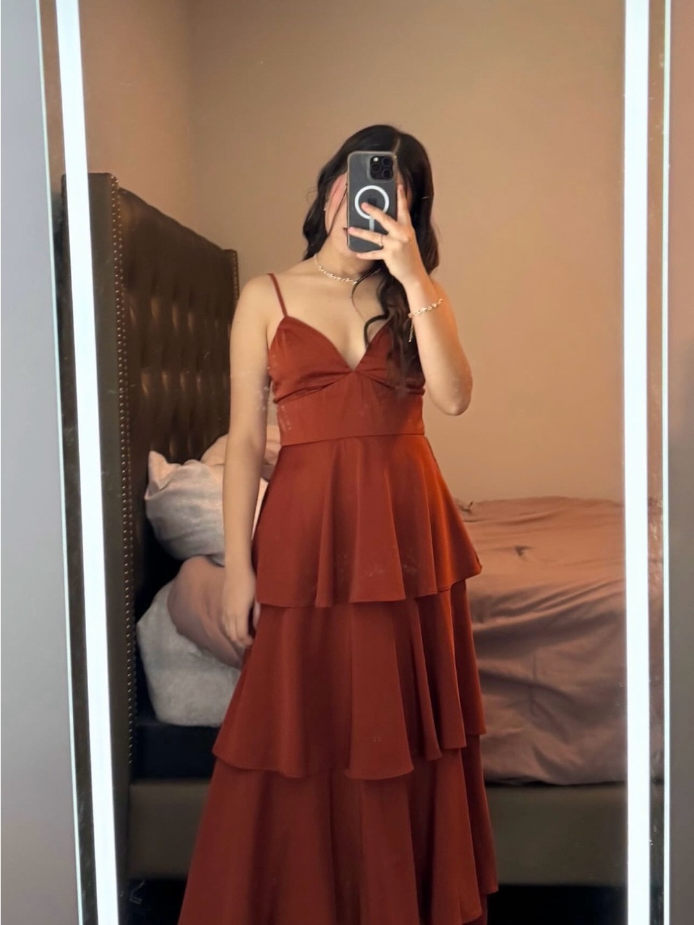 Lulu's Rust-Toned Tiered Spaghetti-Strap Maxi Dress